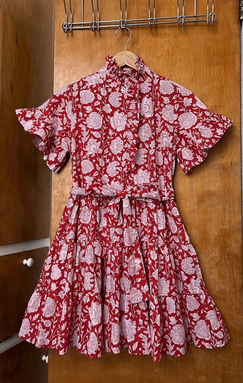 Mille Violetta Mini Dress Red Zinnia Block Print Ruffle Shirt Tie Boho Sz XXS